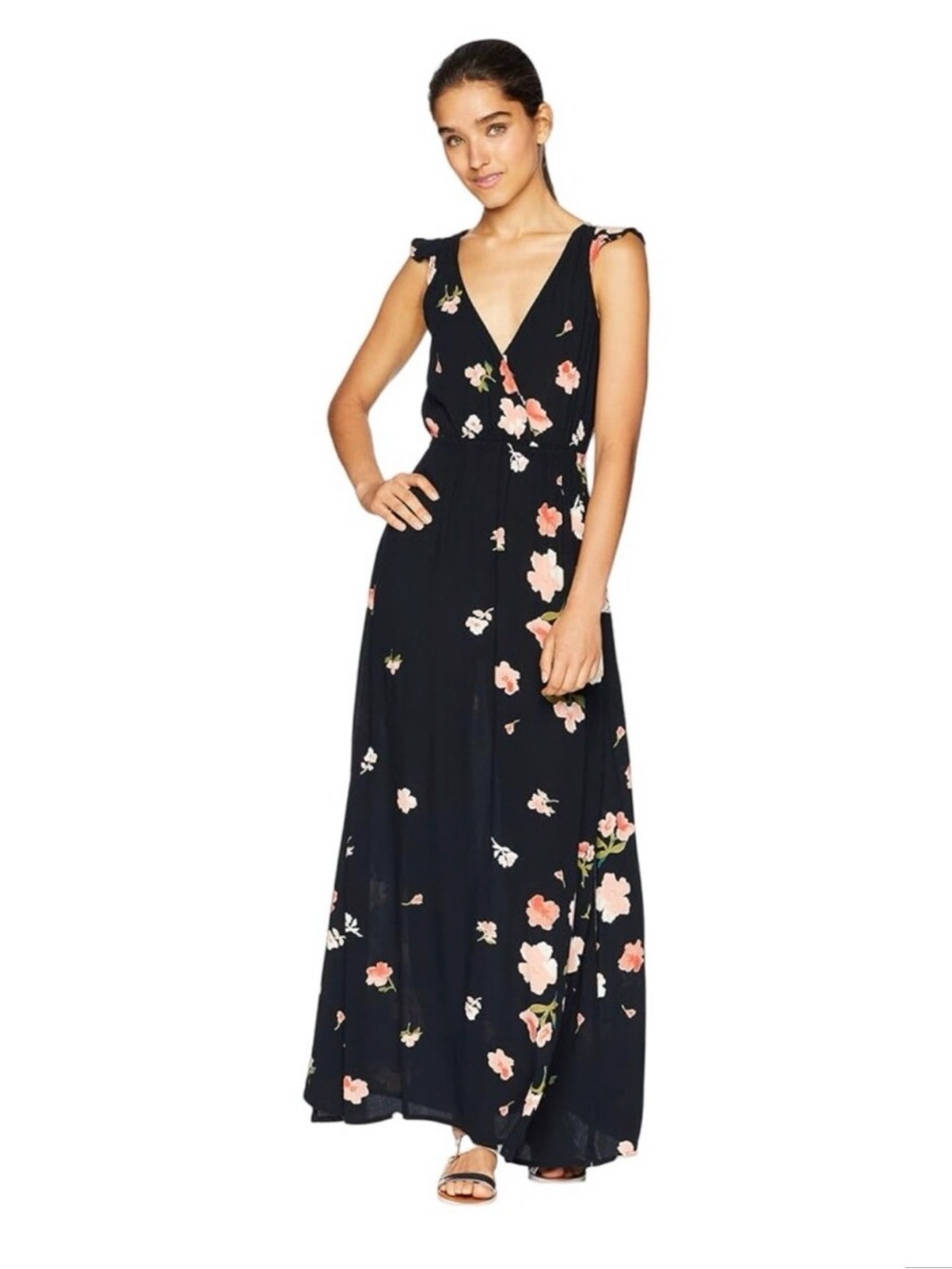 Billabong Maxi Flutter Sleeve Open Back - Black Floral Dress - Size Small